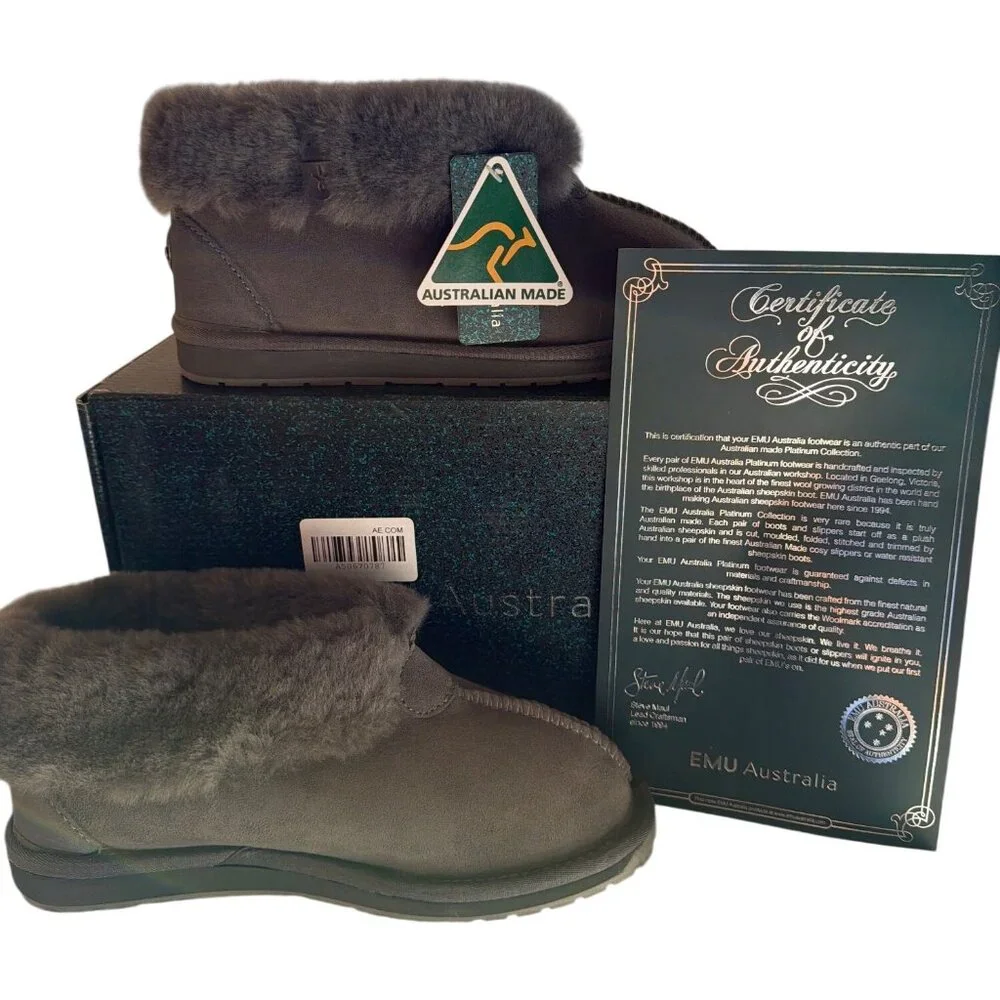 EMU Australia Sheepskin Fold-Cuff Ankle Boot Slippers Grey Suede Shearling 7 New